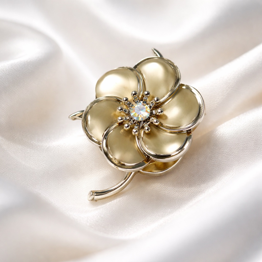 Silver Matte And Glossy Flower Brooch With A Aurora Borealis Crystal